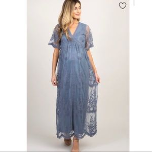 COPY - PinkBlush Blue Lace Mesh Overlay Maternity Maxi Dress